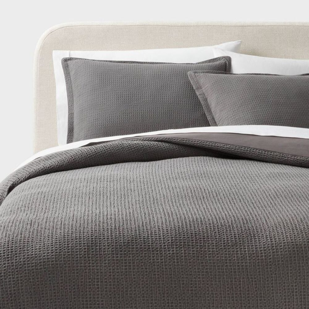 King Washed Cotton Waffle Weave Duvet Cover & Sham Set - Dark Gray